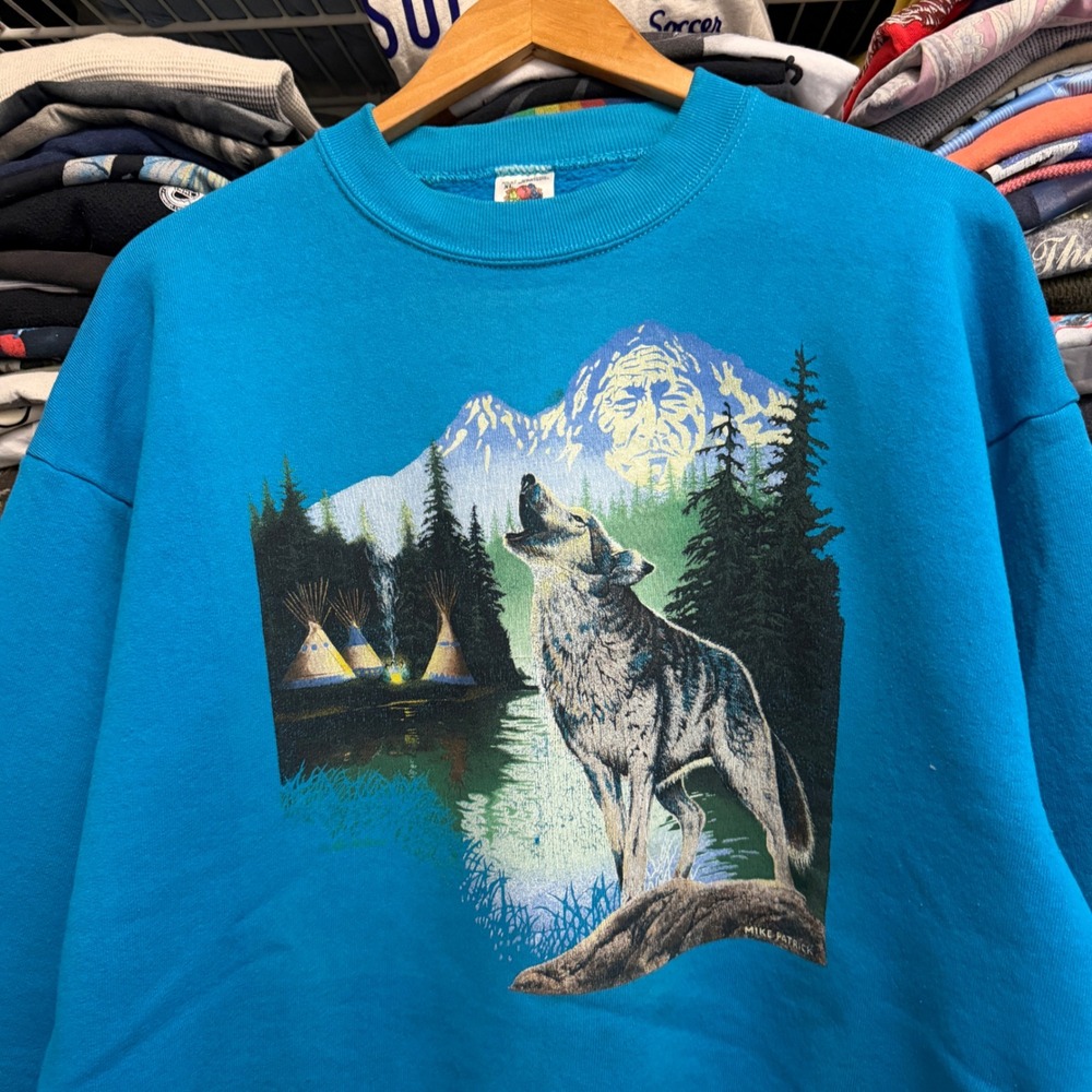 Vintage 90's Wolf Nature Animal Crewneck Sweatshirt Mens XL Blue Graphic Fleece - Picture 2 of 8